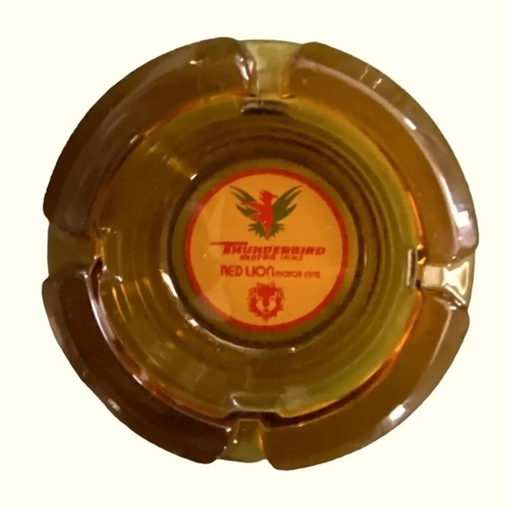 Vintage Advertising Thunderbird Red Lion Ashtray Golden Amber Glass Red Green